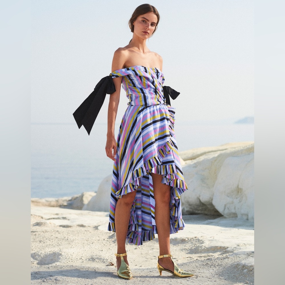 Caroline Constas Multicolored Striped Co Ord Set- High Low Skirt and Peplum Top